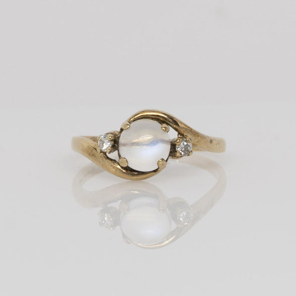 Vintage Moonstone & Diamond Bypass Yellow Gold Ring