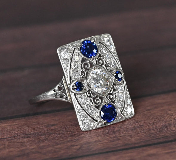Art Deco Platinum Old European Cut Diamond & Sapphire Filigree Ring