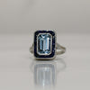 Art Deco Platinum Emerald Cut Aqua With Sapphire Halo Ring