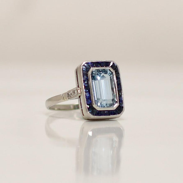 Art Deco Platinum Emerald Cut Aqua With Sapphire Halo Ring