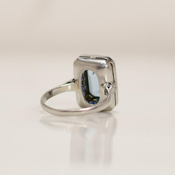 Art Deco Platinum Emerald Cut Aqua With Sapphire Halo Ring