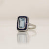 Art Deco Platinum Emerald Cut Aqua With Sapphire Halo Ring