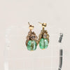 Antique Drilled Emerald Cabochon Dangle Earrings W/ Rose Cut Diamonds 14K Gold