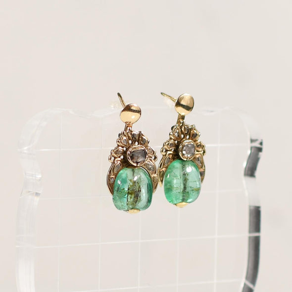 Antique Drilled Emerald Cabochon Dangle Earrings W/ Rose Cut Diamonds 14K Gold