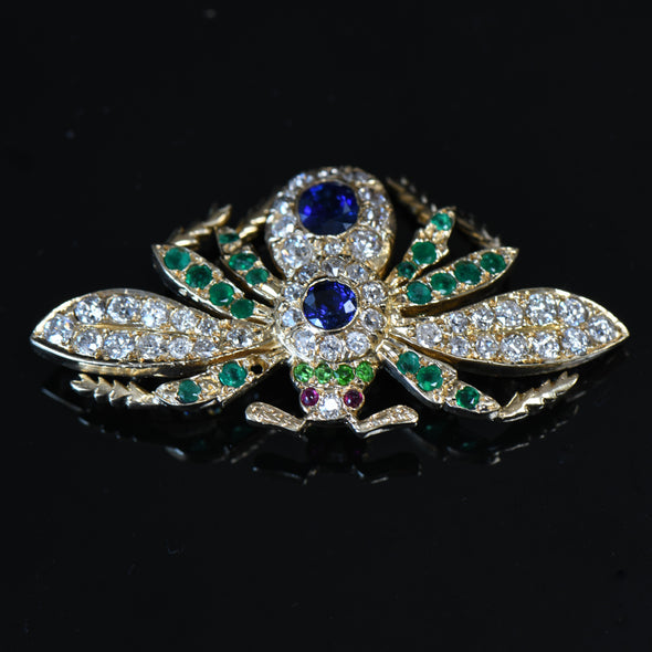 Sapphire Emerald Ruby Diamond Old Cut Gemstone Insect Brooch in 18K Yellow Gold