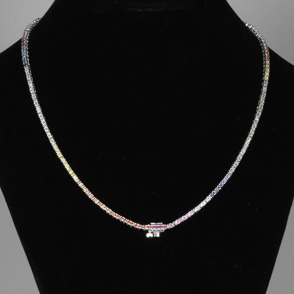 7.44ctw Graduated Multicolor Rainbow Sapphire Tennis Necklace 14k White Gold