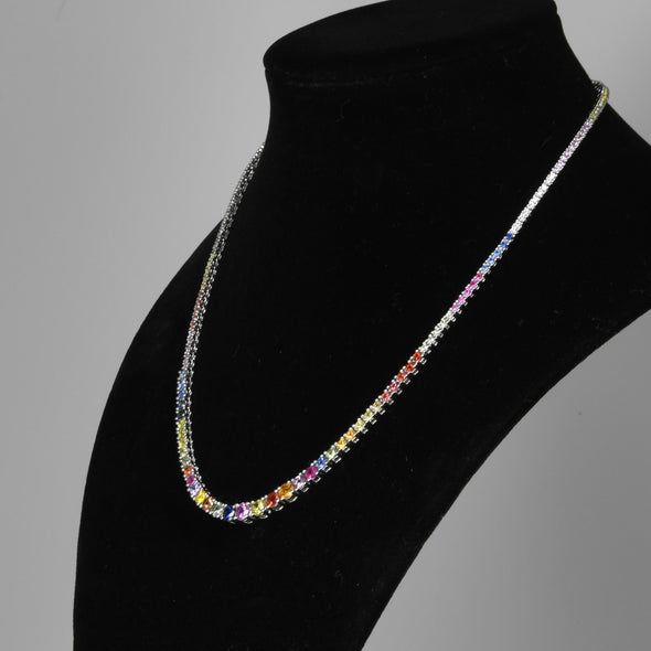 7.44ctw Graduated Multicolor Rainbow Sapphire Tennis Necklace 14k White Gold