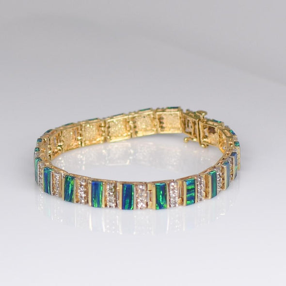 Blue Green Opal Bar and Diamond Bracelet in 14k Yellow Gold