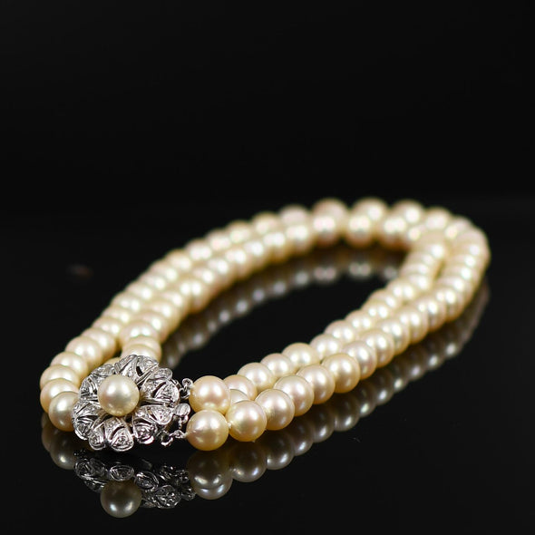 Double Strand of Cultured Pearls with "Flower" 14K White Gold Diamond Clasp