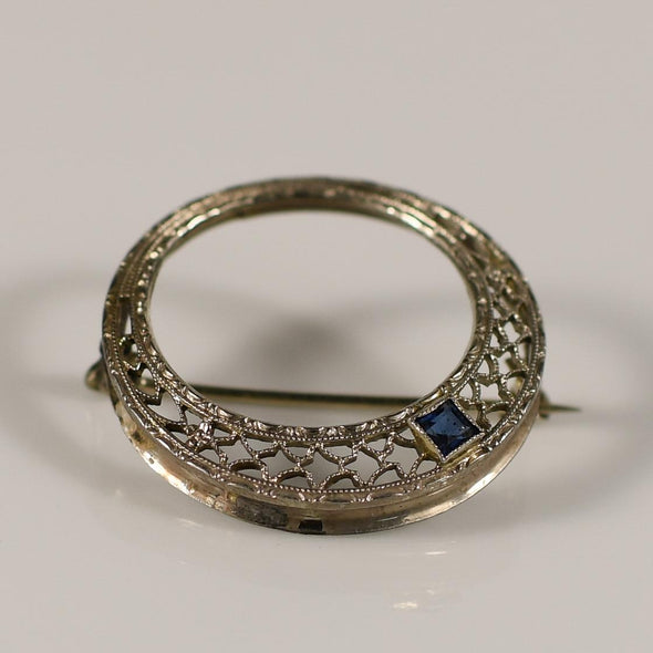 Antique Edwardian Belais Blue Sapphire Filigree Circle Brooch