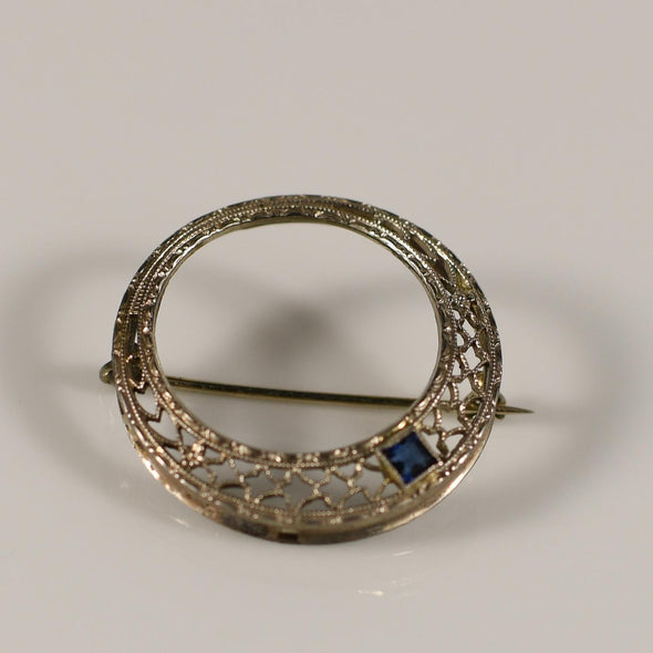 Antique Edwardian Belais Blue Sapphire Filigree Circle Brooch