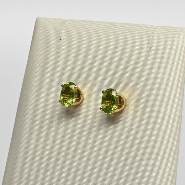 Peridot Oval Gemstone 14k Yellow Gold Stud Earrings