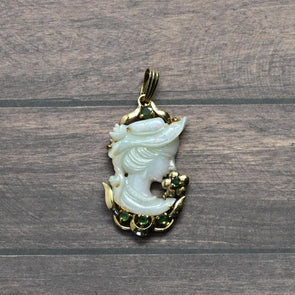 Carved Opal Cameo and Emerald 14k Yellow Gold Pendant