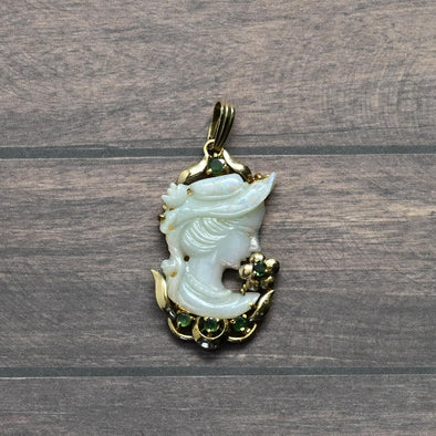Carved Opal Cameo and Emerald 14k Yellow Gold Pendant