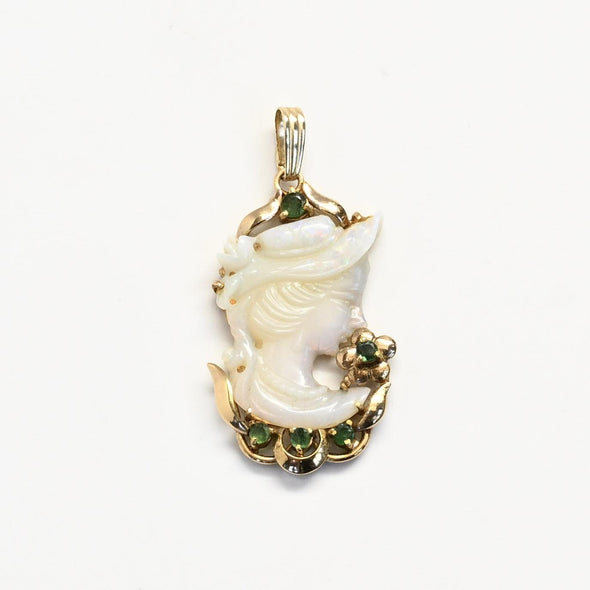 Carved Opal Cameo and Emerald 14k Yellow Gold Pendant