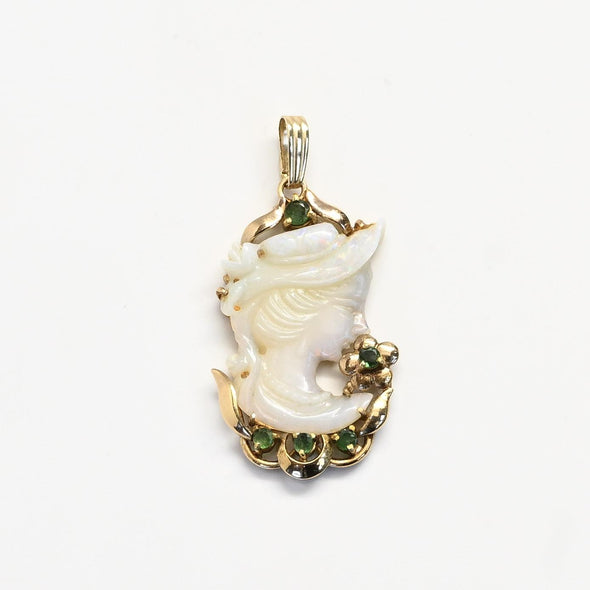 Carved Opal Cameo and Emerald 14k Yellow Gold Pendant