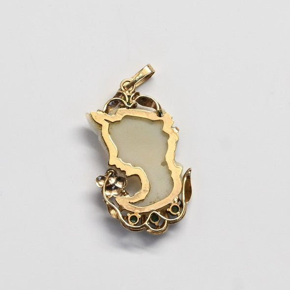 Carved Opal Cameo and Emerald 14k Yellow Gold Pendant