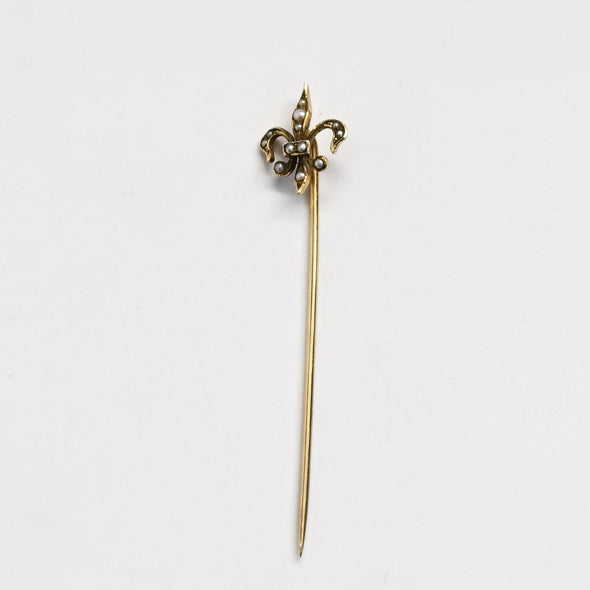 Vintage Fleur Di Lis Stick Pin Seed Pearl Yellow Gold