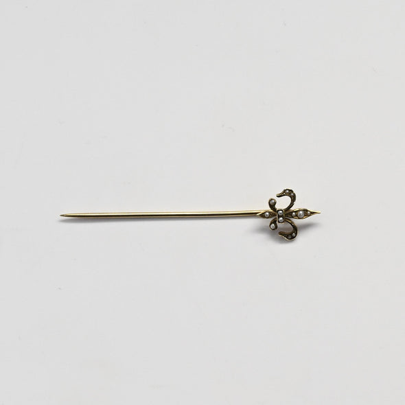 Vintage Fleur Di Lis Stick Pin Seed Pearl Yellow Gold