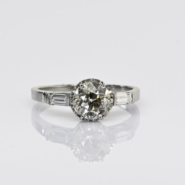 1.65cttw Old European Cut Handmade Platinum Baguette Diamond Engagement Ring