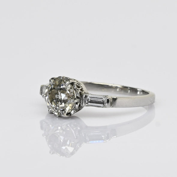 1.65cttw Old European Cut Handmade Platinum Baguette Diamond Engagement Ring