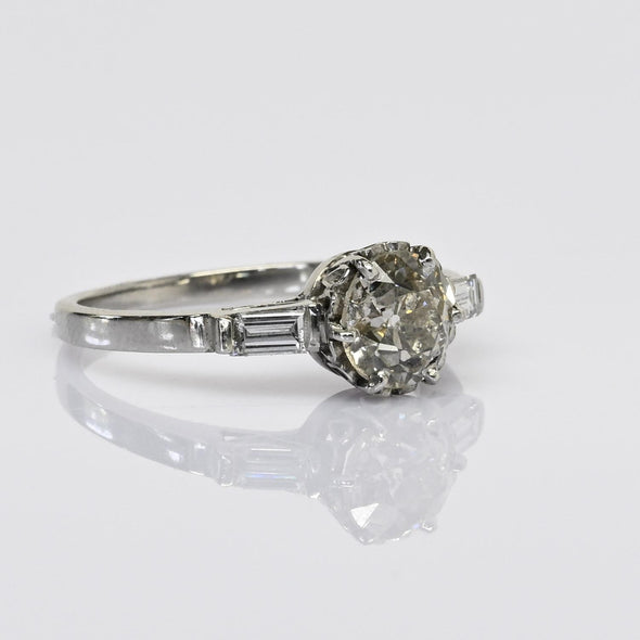 1.65cttw Old European Cut Handmade Platinum Baguette Diamond Engagement Ring