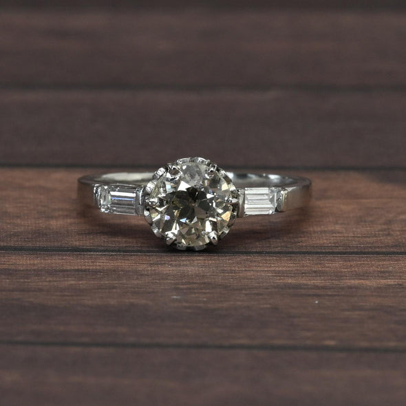 1.65cttw Old European Cut Handmade Platinum Baguette Diamond Engagement Ring