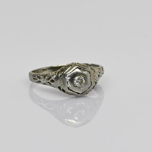 Art Deco Old Cut Diamond 18k White Gold Filigree Engagement Ring