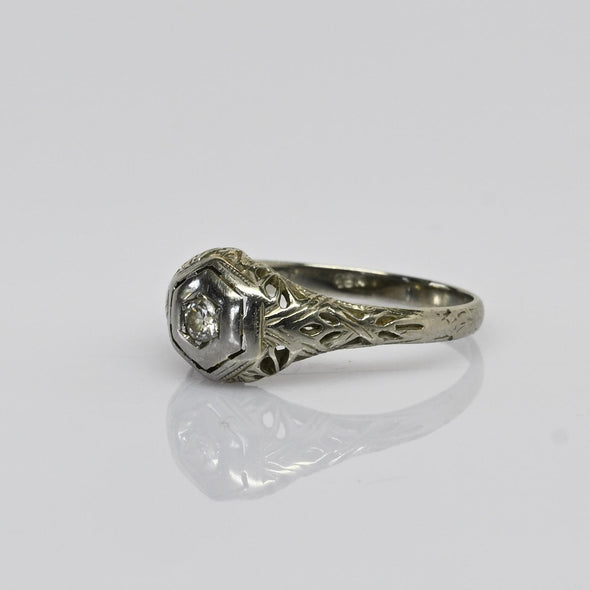Art Deco Old Cut Diamond 18k White Gold Filigree Engagement Ring