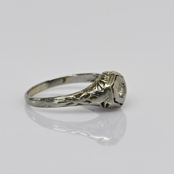 Art Deco Old Cut Diamond 18k White Gold Filigree Engagement Ring