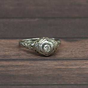 Art Deco Old Cut Diamond 18k White Gold Filigree Engagement Ring