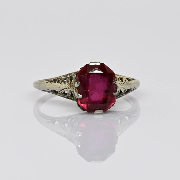 Art Deco Filigree Red Stone 14K White Gold Ring