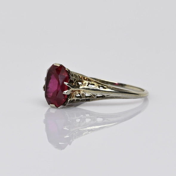 Art Deco Filigree Red Stone 14K White Gold Ring