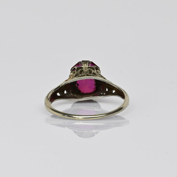 Art Deco Filigree Red Stone 14K White Gold Ring