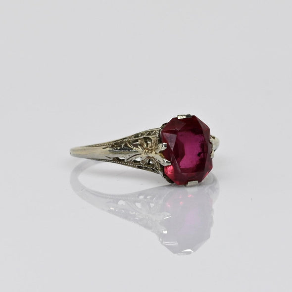 Art Deco Filigree Red Stone 14K White Gold Ring