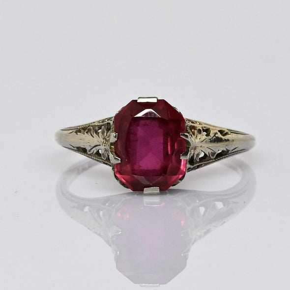Art Deco Filigree Red Stone 14K White Gold Ring