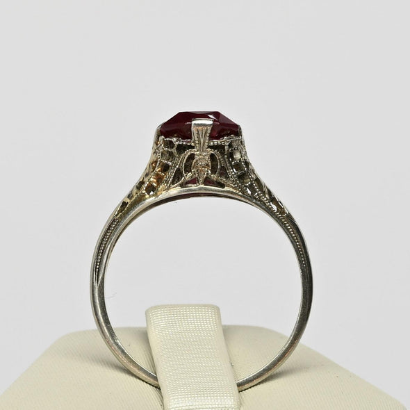 Art Deco Filigree Red Stone 14K White Gold Ring