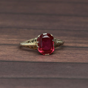 Art Deco Filigree Red Stone 14K White Gold Ring