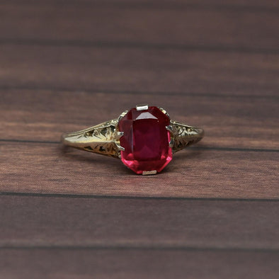 Art Deco Filigree Red Stone 14K White Gold Ring