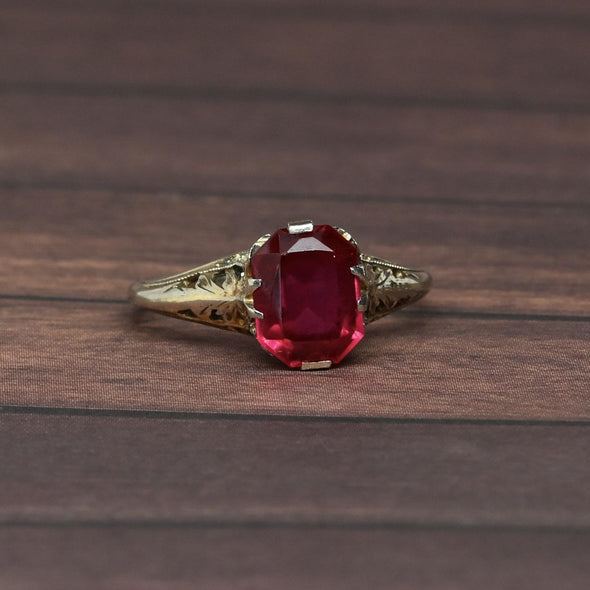 Art Deco Filigree Red Stone 14K White Gold Ring