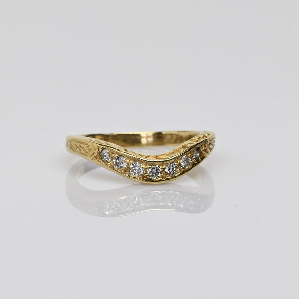 Diamond Contoured 14k Yellow Gold Band Vintage Inspired Engraved Wedding Ring