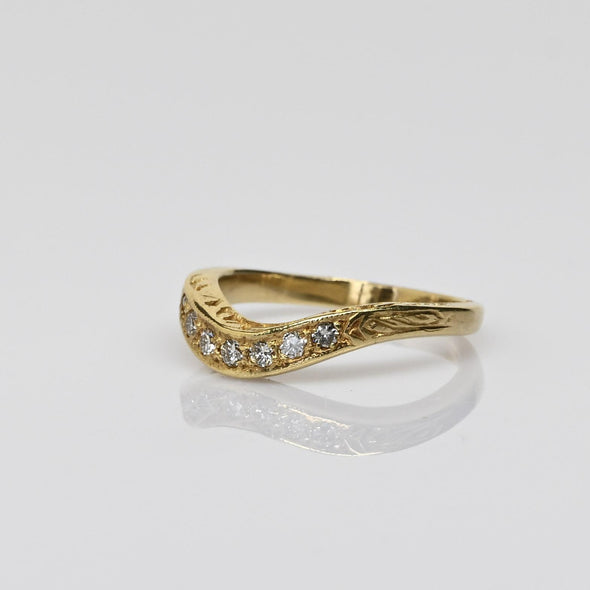 Diamond Contoured 14k Yellow Gold Band Vintage Inspired Engraved Wedding Ring