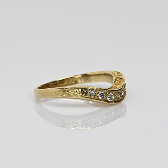 Diamond Contoured 14k Yellow Gold Band Vintage Inspired Engraved Wedding Ring