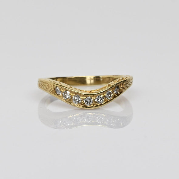 Diamond Contoured 14k Yellow Gold Band Vintage Inspired Engraved Wedding Ring