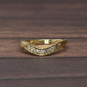 Diamond Contoured 14k Yellow Gold Band Vintage Inspired Engraved Wedding Ring