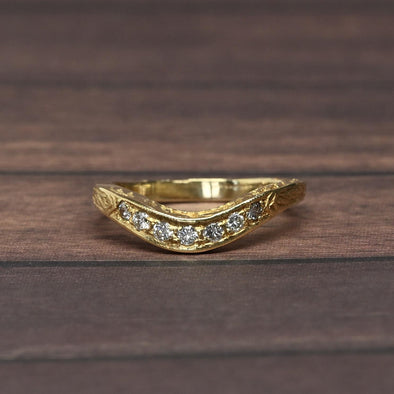 Diamond Contoured 14k Yellow Gold Band Vintage Inspired Engraved Wedding Ring
