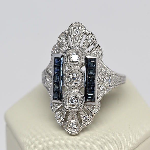 Trufili Art Deco Inspired Diamond Sapphire Shield Ring 14K White Gold
