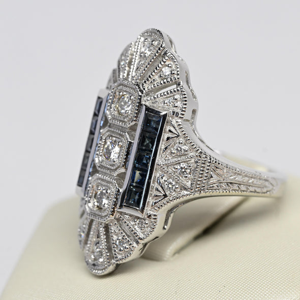 Trufili Art Deco Inspired Diamond Sapphire Shield Ring 14K White Gold