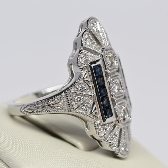 Trufili Art Deco Inspired Diamond Sapphire Shield Ring 14K White Gold
