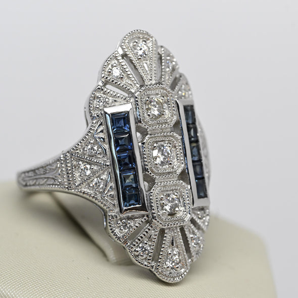 Trufili Art Deco Inspired Diamond Sapphire Shield Ring 14K White Gold